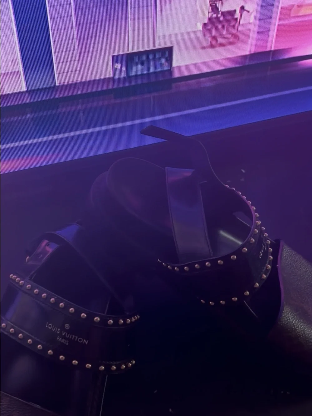 Louis Vuitton Black Leather Studded Slide Sandals